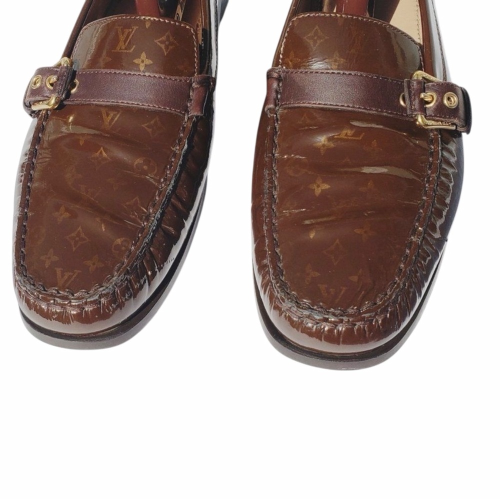 Louis Vuitton Mini Lin Monogram Patent Loafers Brown EU 41 Designer Buckle Shoes - Picture 3 of 16